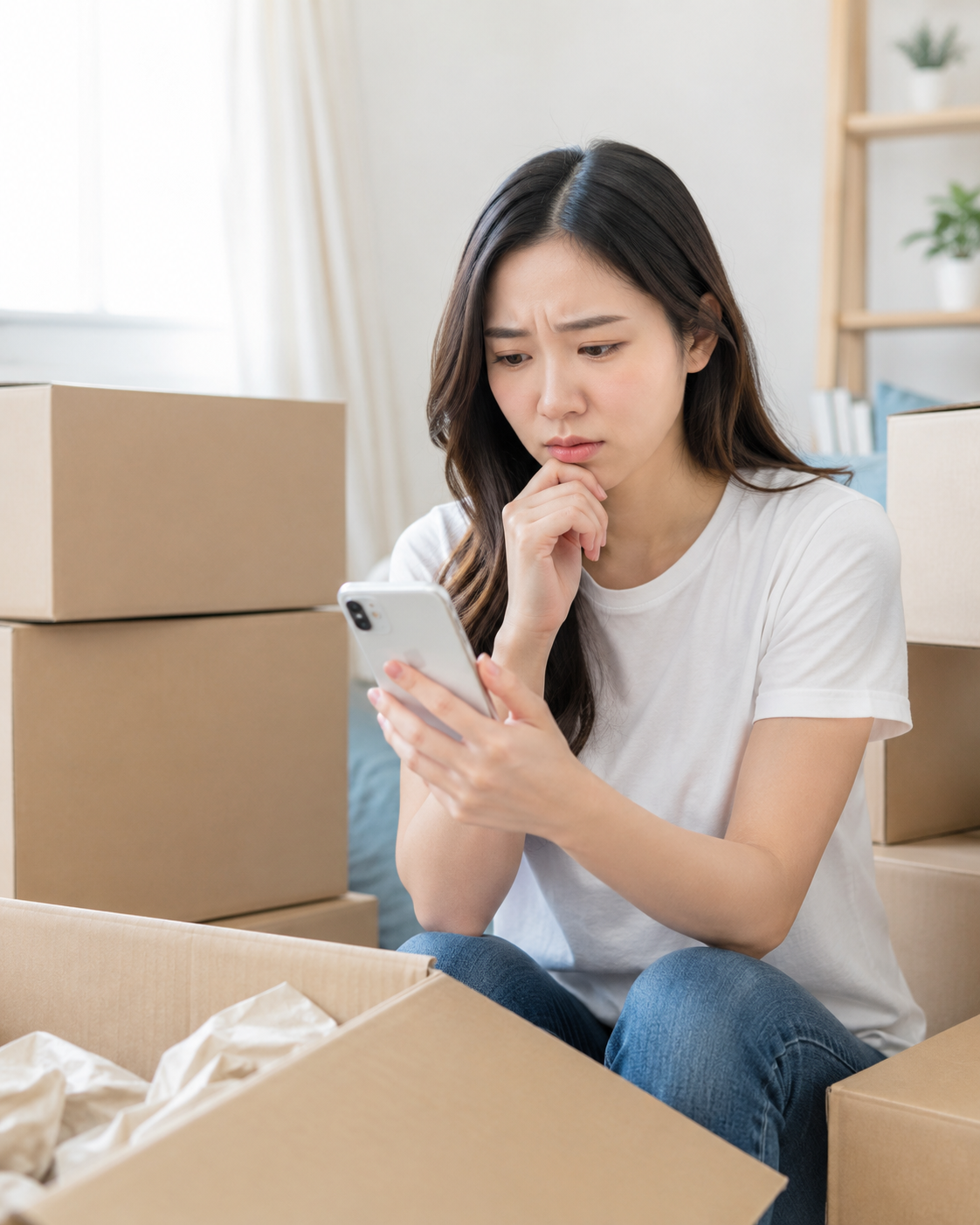 引っ越し前にネット選びで悩む女性